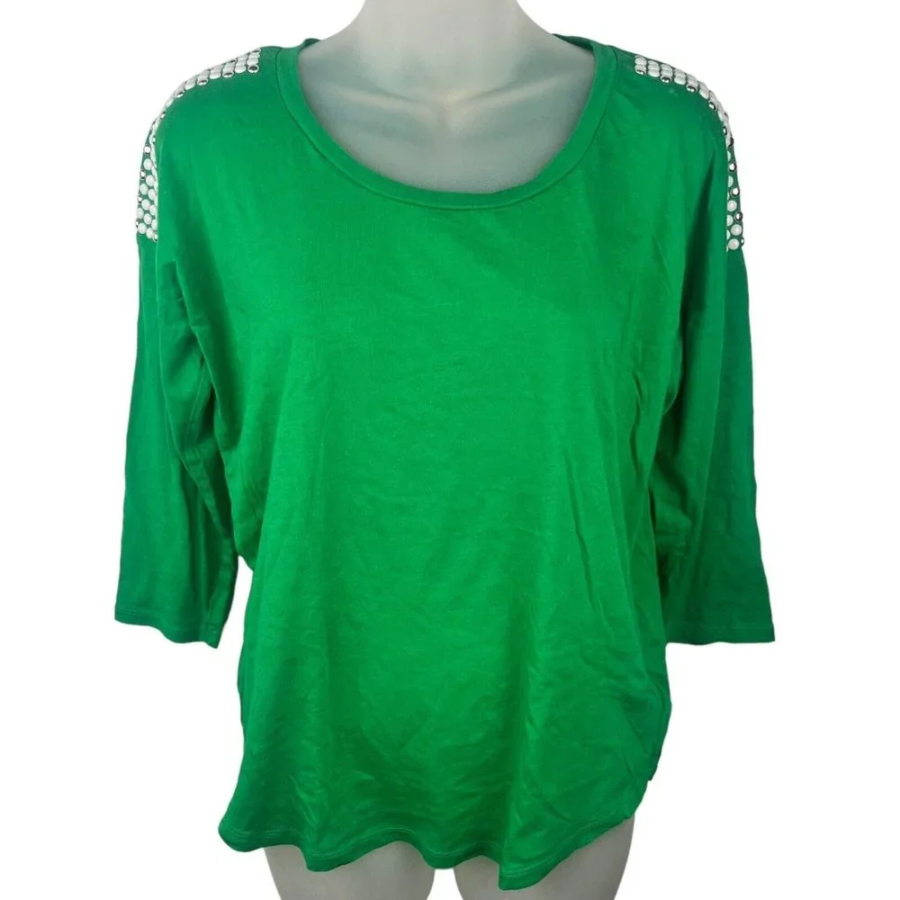 Michael Kors Green Shirt Beaded White Silver Long Sleeve Top Women's Size Medium